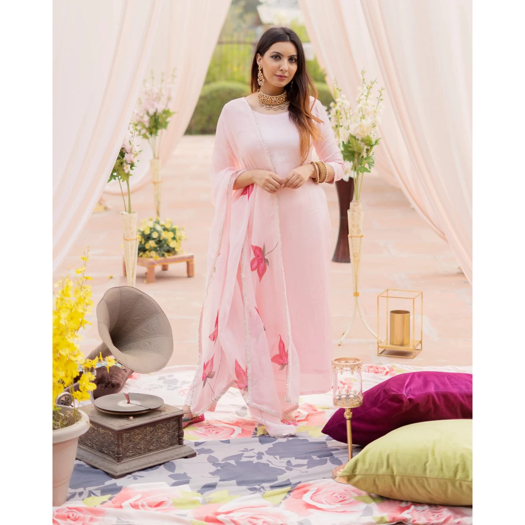 ANNI DESIGNER Women's Cotton Blend Traditional Plain Anarkali Kurta and Pant with Dupatta Set (Wipin Coral Pink NW_4XL_Pink_XXXX-Large)