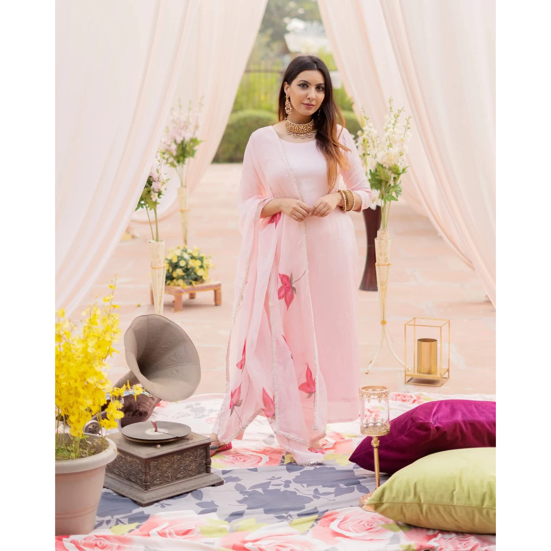 ANNI DESIGNER Women's Cotton Blend Traditional Plain Anarkali Kurta and Pant with Dupatta Set (Wipin Coral Pink NW_4XL_Pink_XXXX-Large)