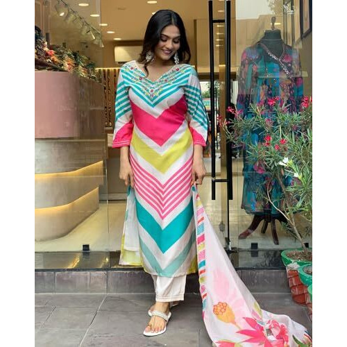 ANNI DESIGNER Women's Cotton Blend Straight Printed Kurta with Pant & Dupatta (Dhimi Pink_S_Pink_Small)