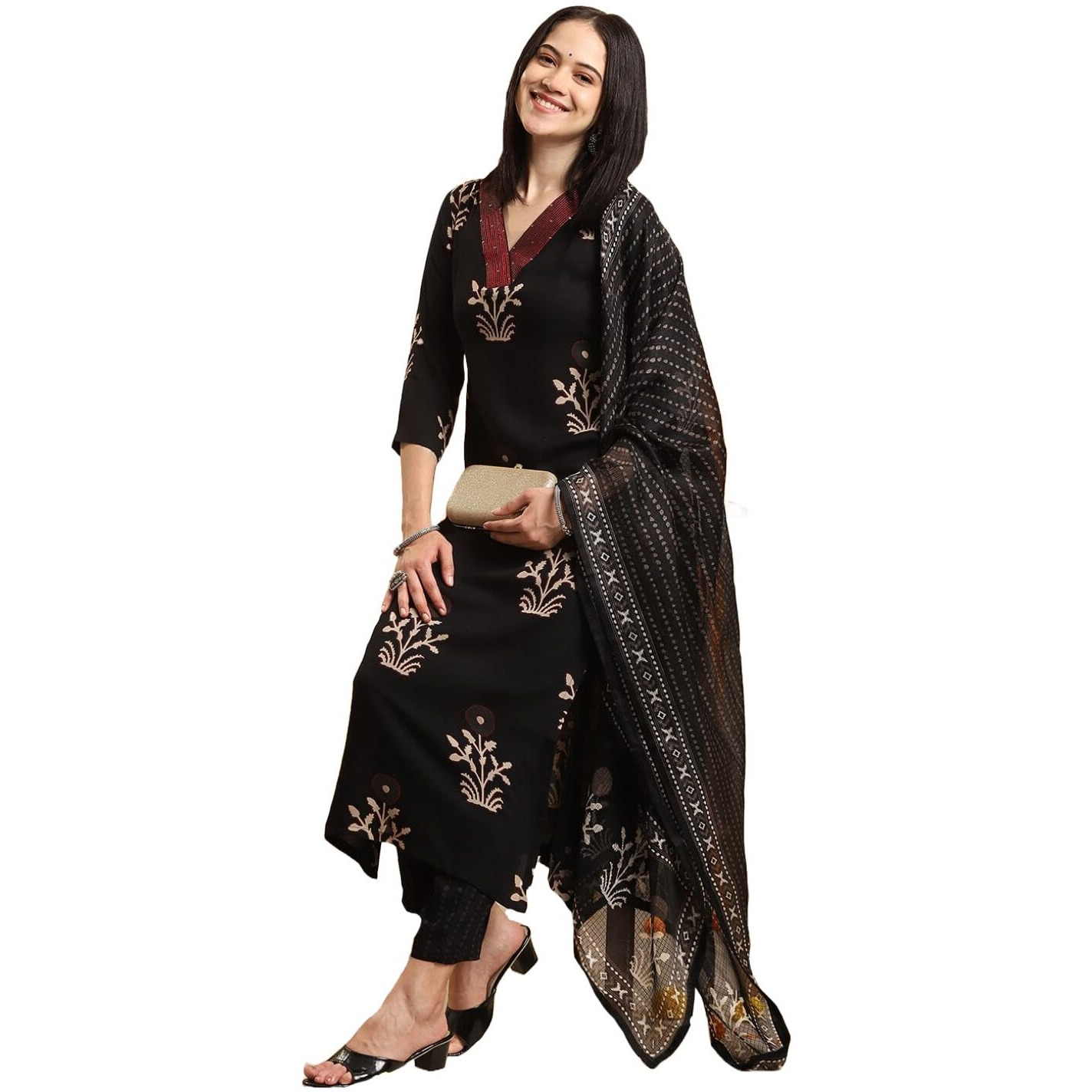 ANNI DESIGNER Women's Rayon Blend Straight Printed Kurta with Pant & Dupatta (Jimny Black-VKS02_S_Black_Small)