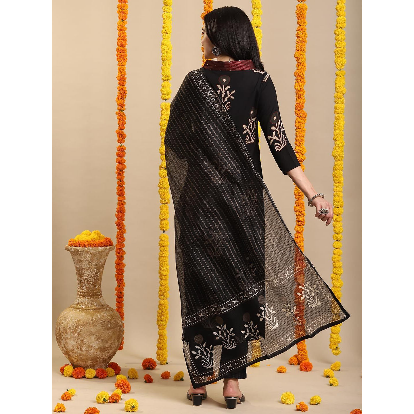 ANNI DESIGNER Women's Rayon Blend Straight Printed Kurta with Pant & Dupatta (Jimny Black-VKS02_S_Black_Small)