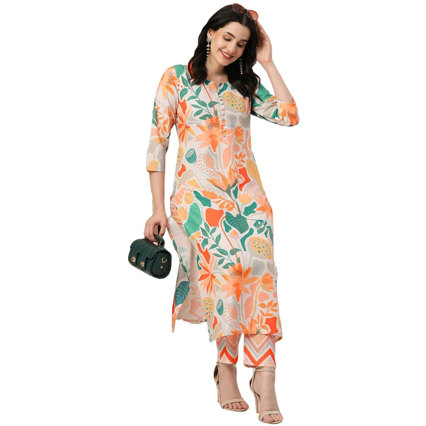 ANNI DESIGNER Women's Cotton Blend Straight Printed Kurta with Pant (Yaka Cream_S_Cream_Small)