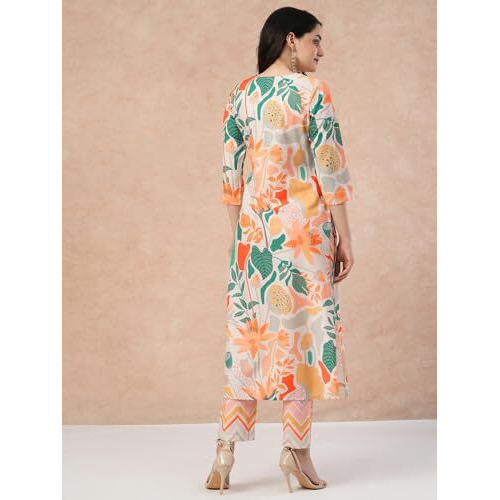 ANNI DESIGNER Women's Cotton Blend Straight Printed Kurta with Pant (Yaka Cream_S_Cream_Small)