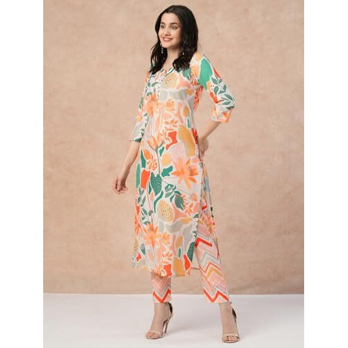 ANNI DESIGNER Women's Cotton Blend Straight Printed Kurta with Pant (Yaka Cream_S_Cream_Small)