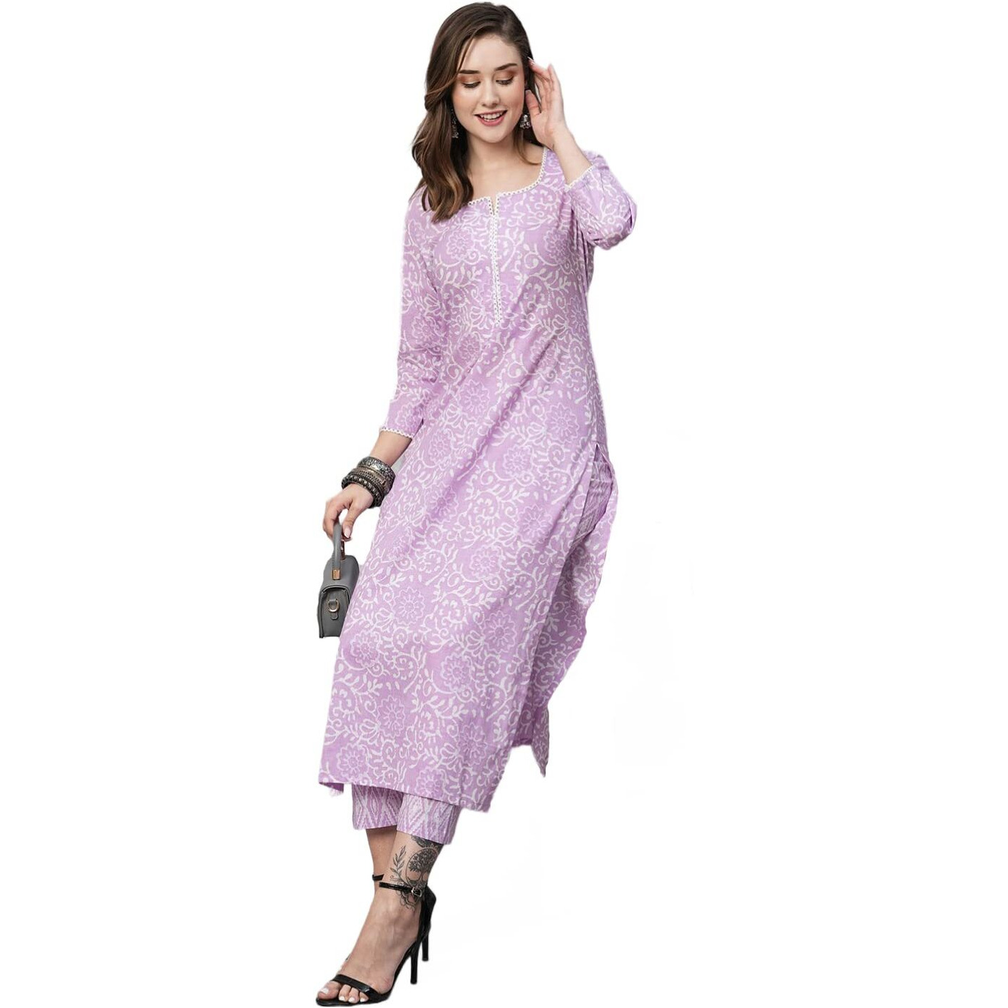 ANNI DESIGNER Women's Cotton Blend Straight Printed Kurta with Pant (Gulika Purple-NW_M_Purple_Medium)
