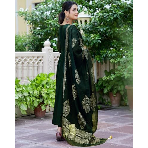 ANNI DESIGNER Women's Rayon Blend Solid Anarkali Kurta with Pant & Dupatta (MAGIC-GREEN_L_Green_Large)