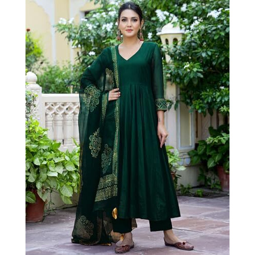 ANNI DESIGNER Women's Rayon Blend Solid Anarkali Kurta with Pant & Dupatta (MAGIC-GREEN_L_Green_Large)