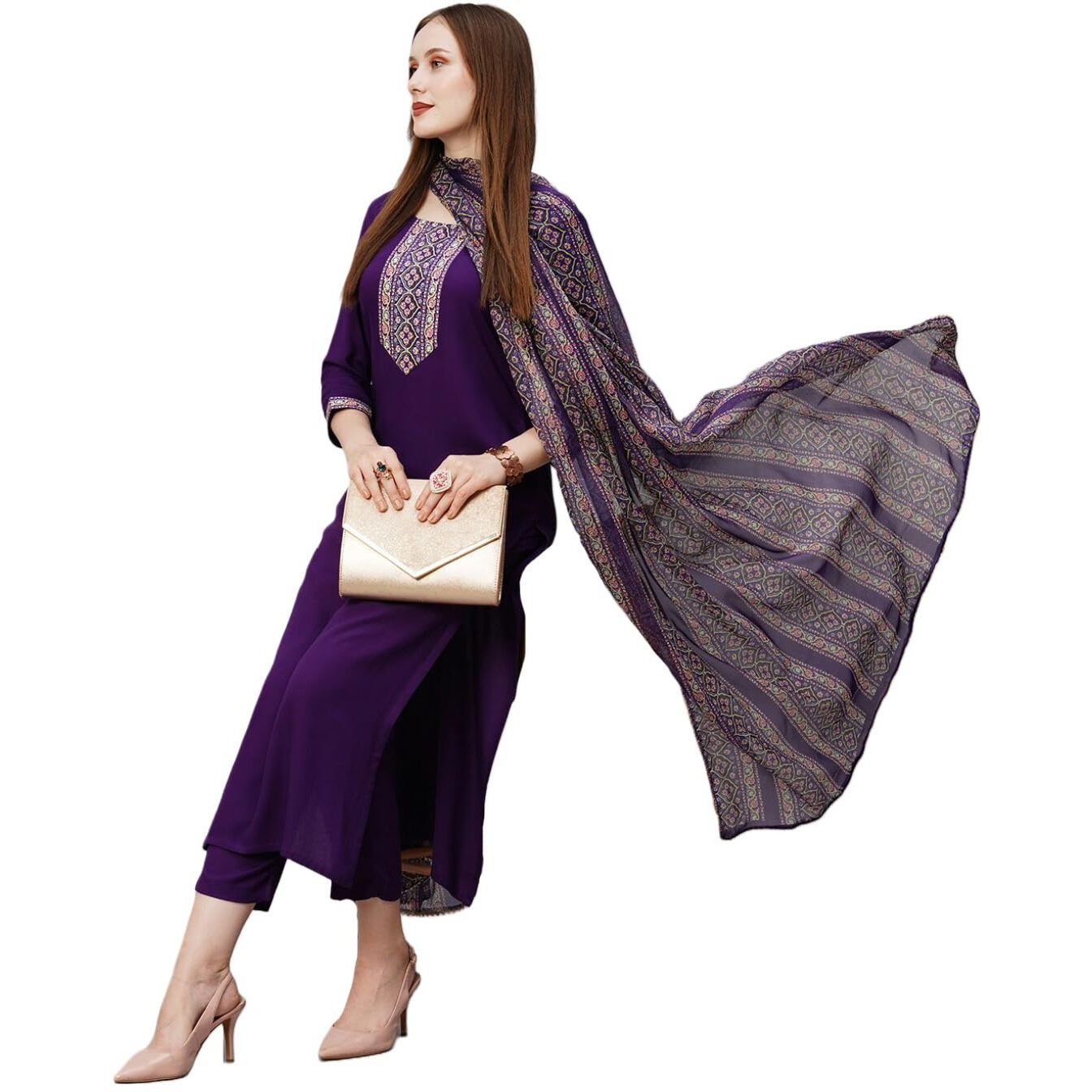 ANNI DESIGNER Women's Cotton Blend Straight Solid Kurta with Pant & Dupatta (SARU-BEGNI_XXL_Blue_XX-Large)