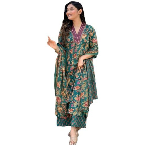 ANNI DESIGNER Women's Rayon Blend Anarkali Printed Kurta with Palazzo & Dupatta (CIA GREEN-VKS01_L_Green_Large)
