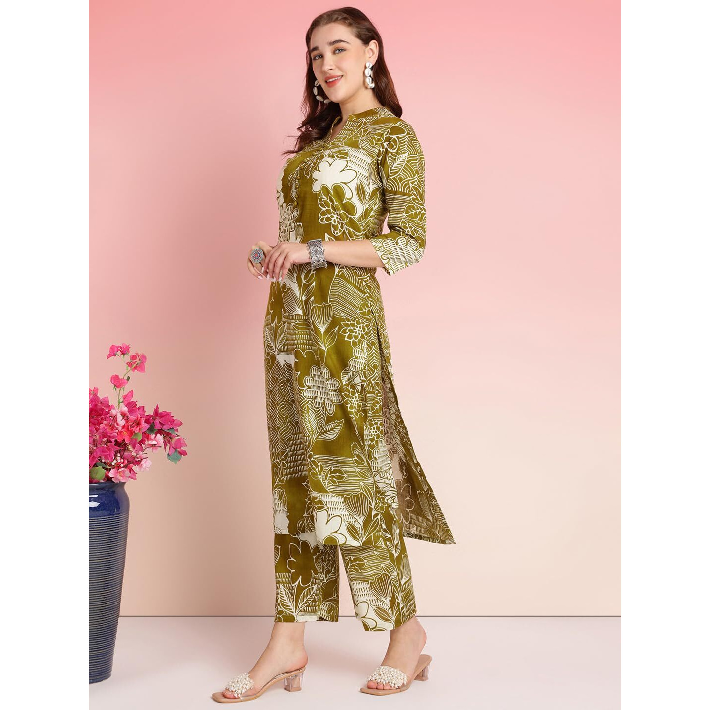 ANNI DESIGNER Women's Rayon Blend Straight Printed Kurta with Pant (Tomsk Mehandi_XL_Mehandi_X-Large)