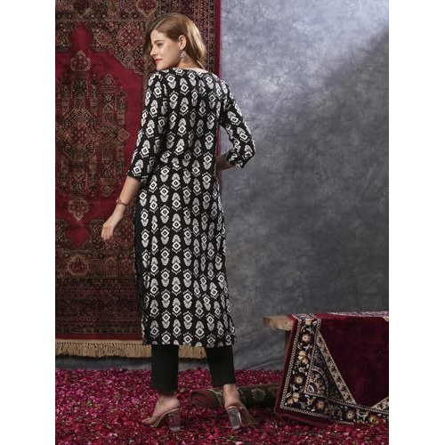 ANNI DESIGNER Women's Cotton Blend Straight Printed Kurta with Pant (Ganmurti Black_L_Black_Large)