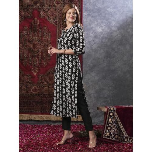 ANNI DESIGNER Women's Cotton Blend Straight Printed Kurta with Pant (Ganmurti Black_L_Black_Large)