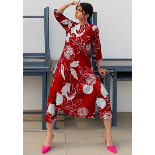 ANNI DESIGNER Women's Cotton Blend Straight Printed Kurta with Pant (ANAAR-Red_S_Red_Small)