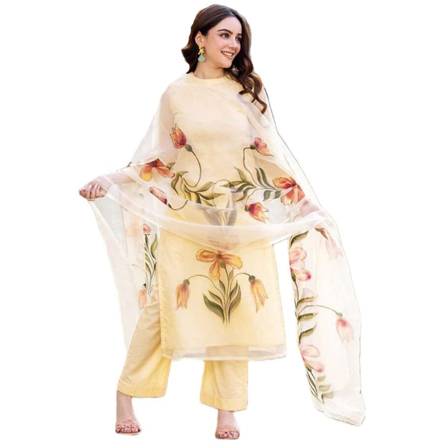 ANNI DESIGNER Women's Chanderi Cotton Straight Printed Kurta with Pant & Dupatta (Falak Cream_S_Cream_Small)