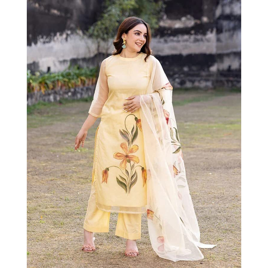 ANNI DESIGNER Women's Chanderi Cotton Straight Printed Kurta with Pant & Dupatta (Falak Cream_S_Cream_Small)