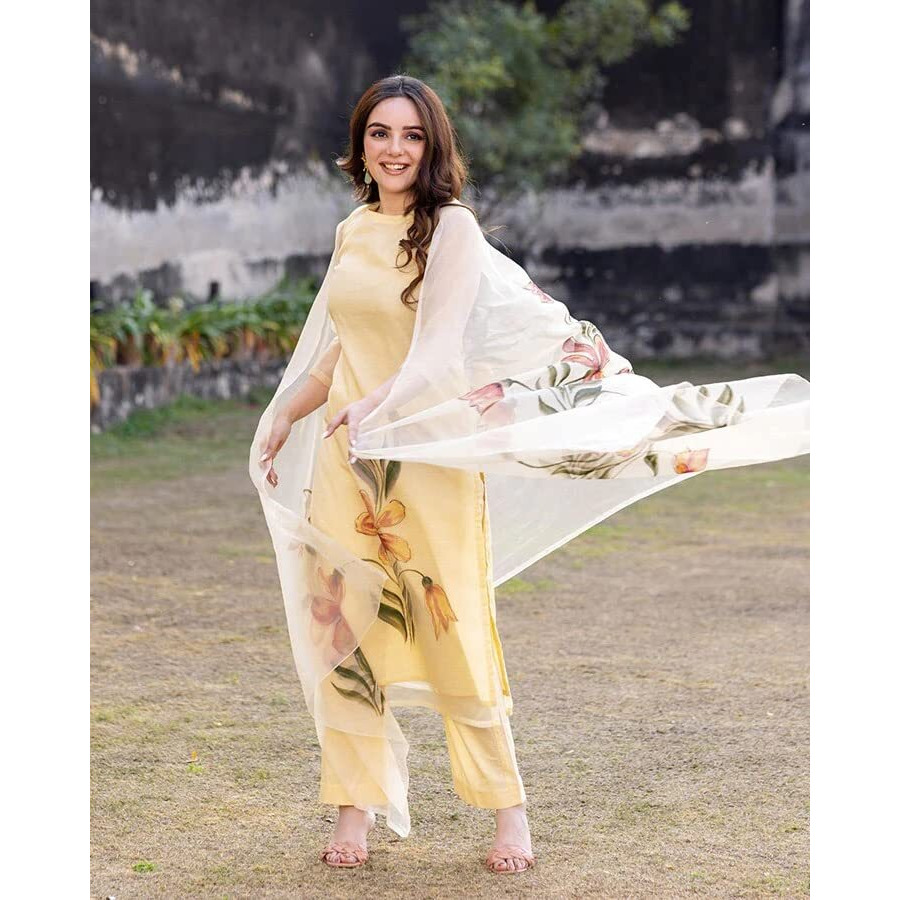 ANNI DESIGNER Women's Chanderi Cotton Straight Printed Kurta with Pant & Dupatta (Falak Cream_S_Cream_Small)