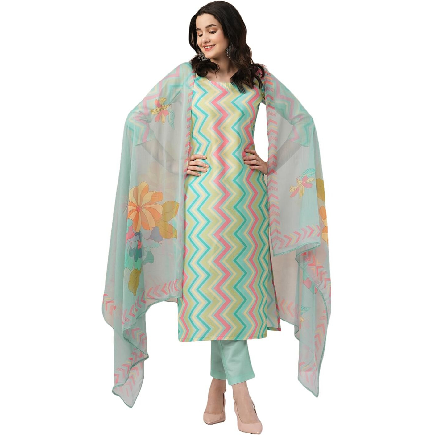 ANNI DESIGNER Women's Rayon Blend Straight Printed Kurta with Pant & Dupatta (Zaggu Pista_L_Pista_Large)