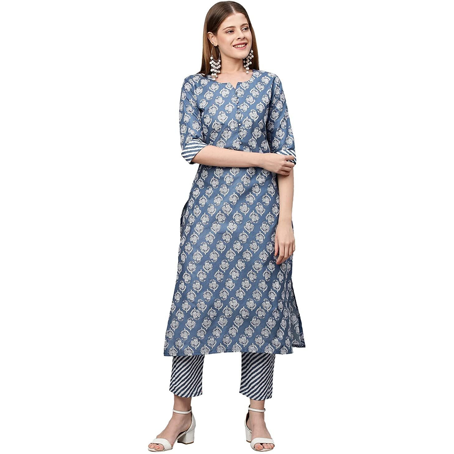 ANNI DESIGNER Women's Cotton Blend Printed Straight Kurta with Pant (Funnu New01 Blue_M_Blue_Medium)