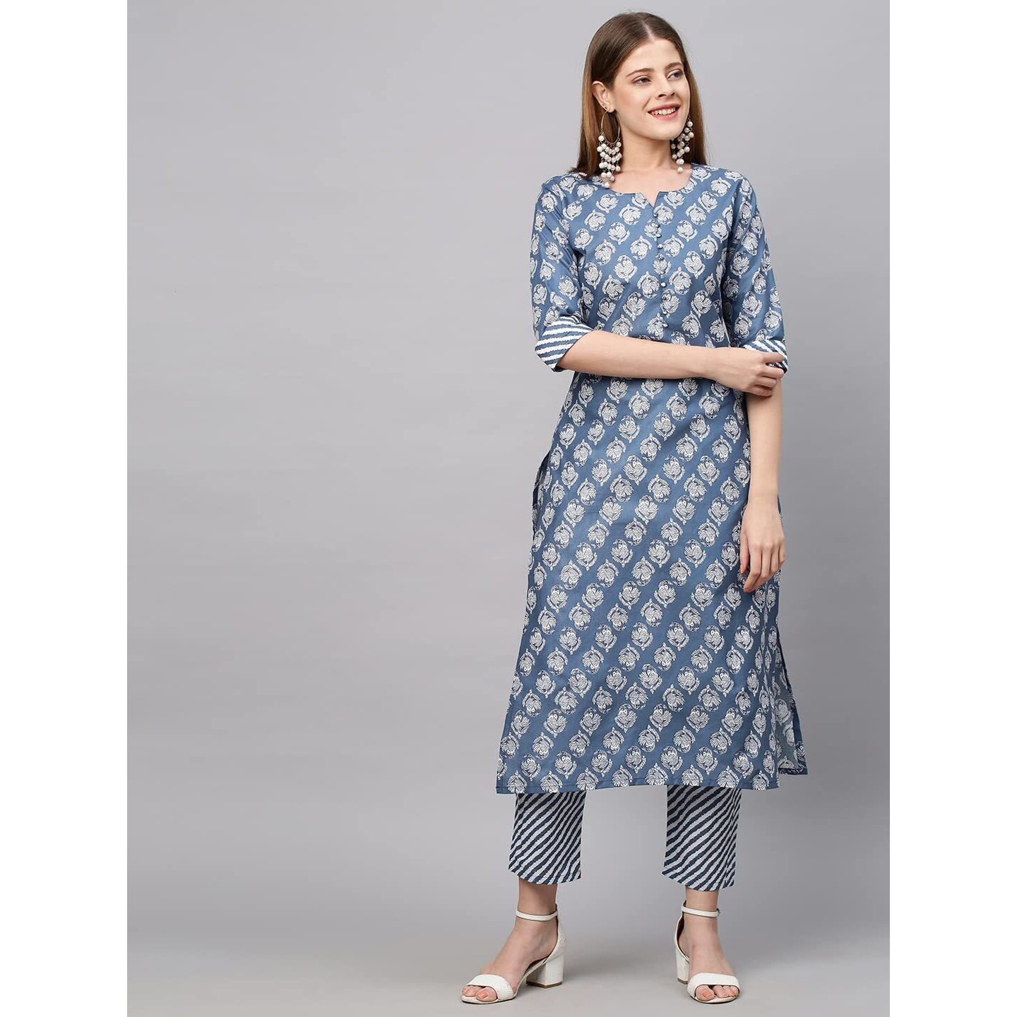 ANNI DESIGNER Women's Cotton Blend Printed Straight Kurta with Pant (Funnu New01 Blue_M_Blue_Medium)
