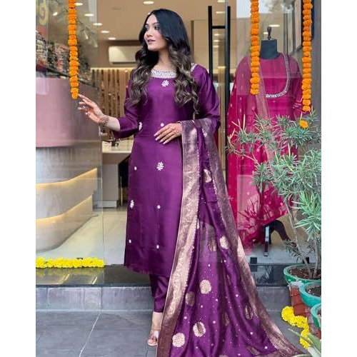 ANNI DESIGNER Women's Cotton Blend Straight Embroidered Kurta with Pant & Dupatta (Beyond Purple_L_Purple_Large)