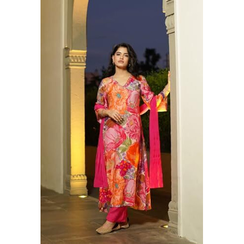 ANNI DESIGNER Women's Rayon Blend Printed Straight Kurta with Pant & Dupatta (VILASA Pink-NB_XXL_Pink_XX-Large)