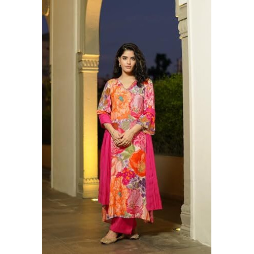 ANNI DESIGNER Women's Rayon Blend Printed Straight Kurta with Pant & Dupatta (VILASA Pink-NB_XXL_Pink_XX-Large)