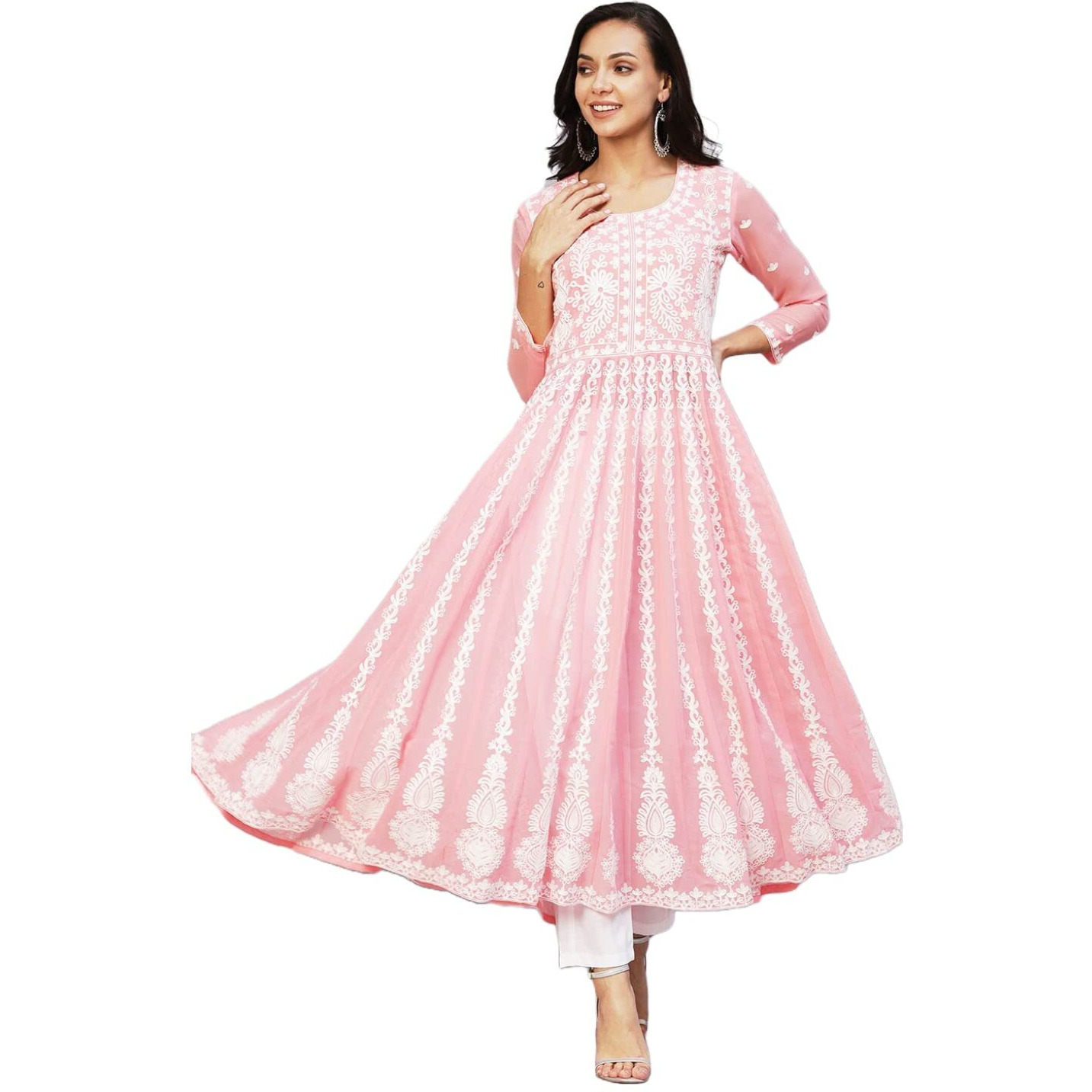 ANNI DESIGNER Women's Georgette Chikankari Embroidered Anarkali Kurti (Kari Peach_S_Peach_Small)