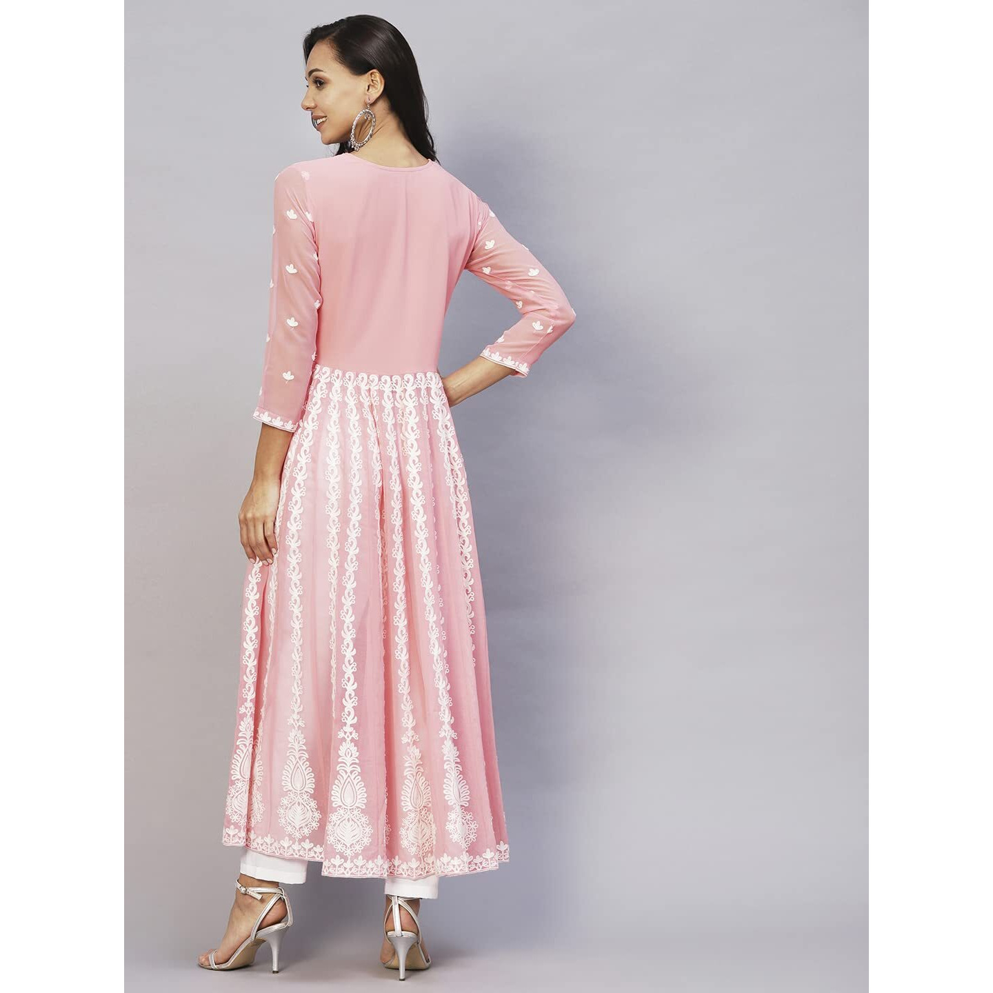 ANNI DESIGNER Women's Georgette Chikankari Embroidered Anarkali Kurti (Kari Peach_S_Peach_Small)
