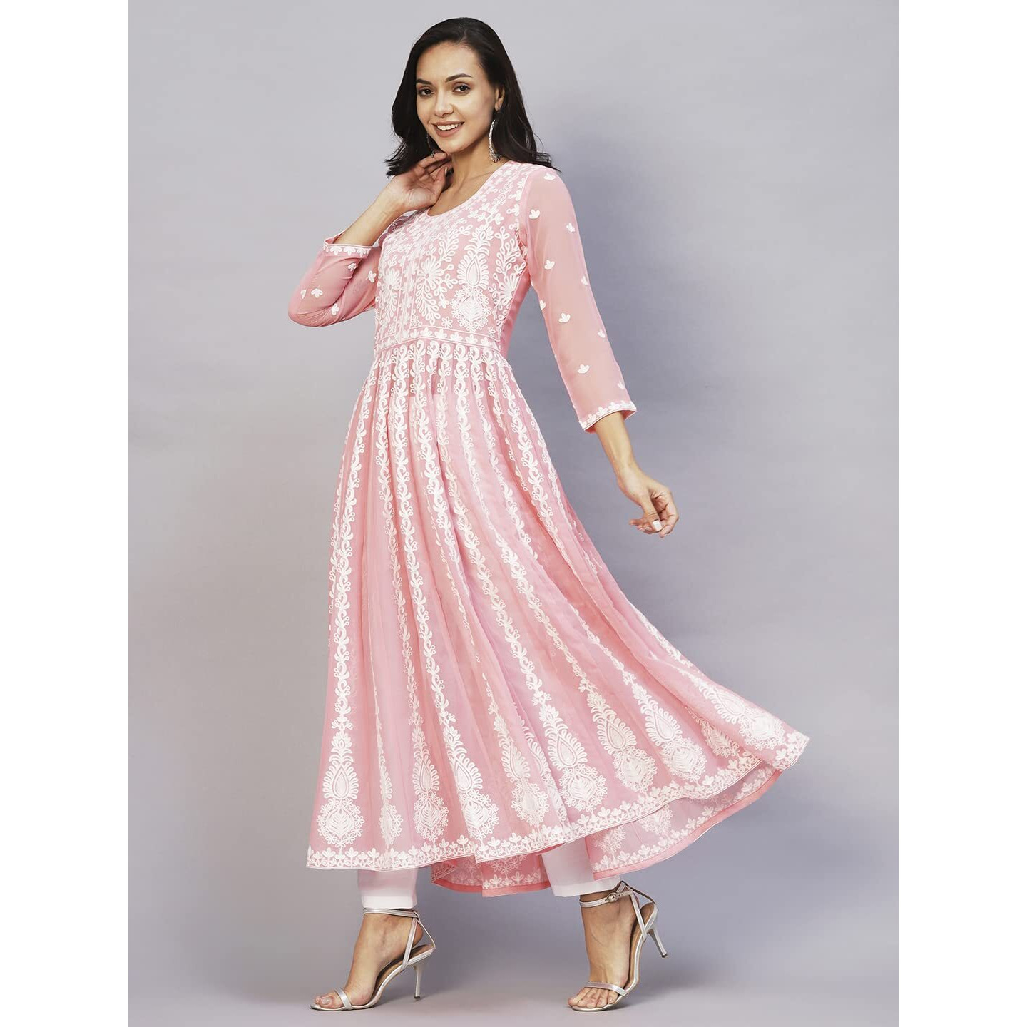 ANNI DESIGNER Women's Georgette Chikankari Embroidered Anarkali Kurti (Kari Peach_S_Peach_Small)