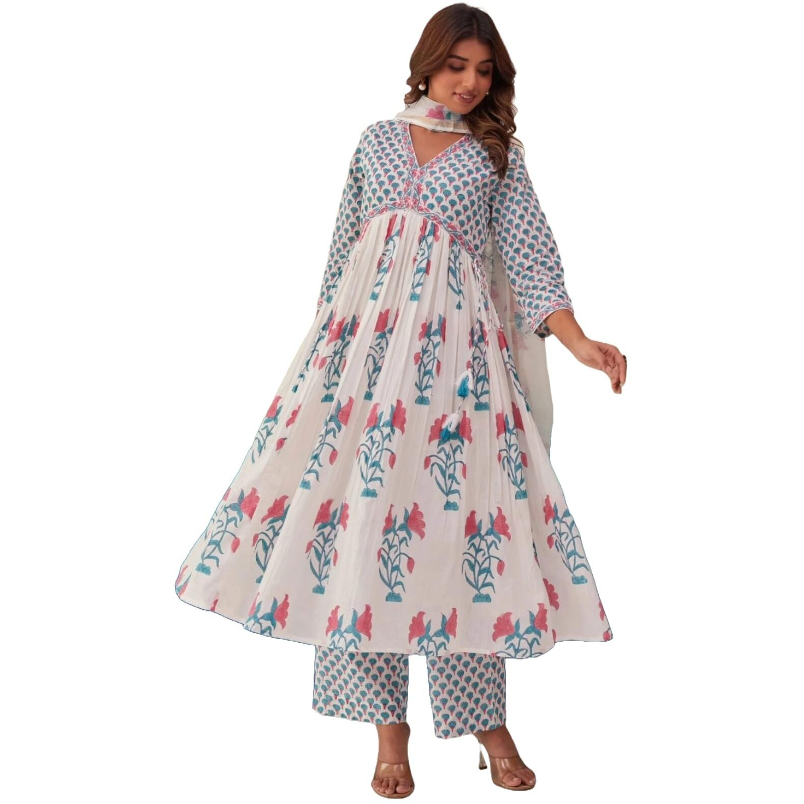 ANNI DESIGNER Women's Rayon Blend Printed Anarkali Kurta with Pant & Dupatta (Betul Pink_L_Pink_Large)