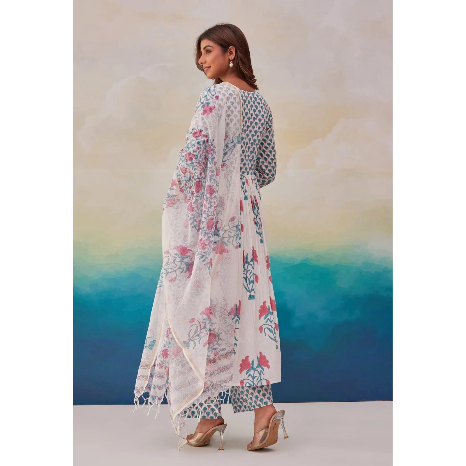 ANNI DESIGNER Women's Rayon Blend Printed Anarkali Kurta with Pant & Dupatta (Betul Pink_L_Pink_Large)