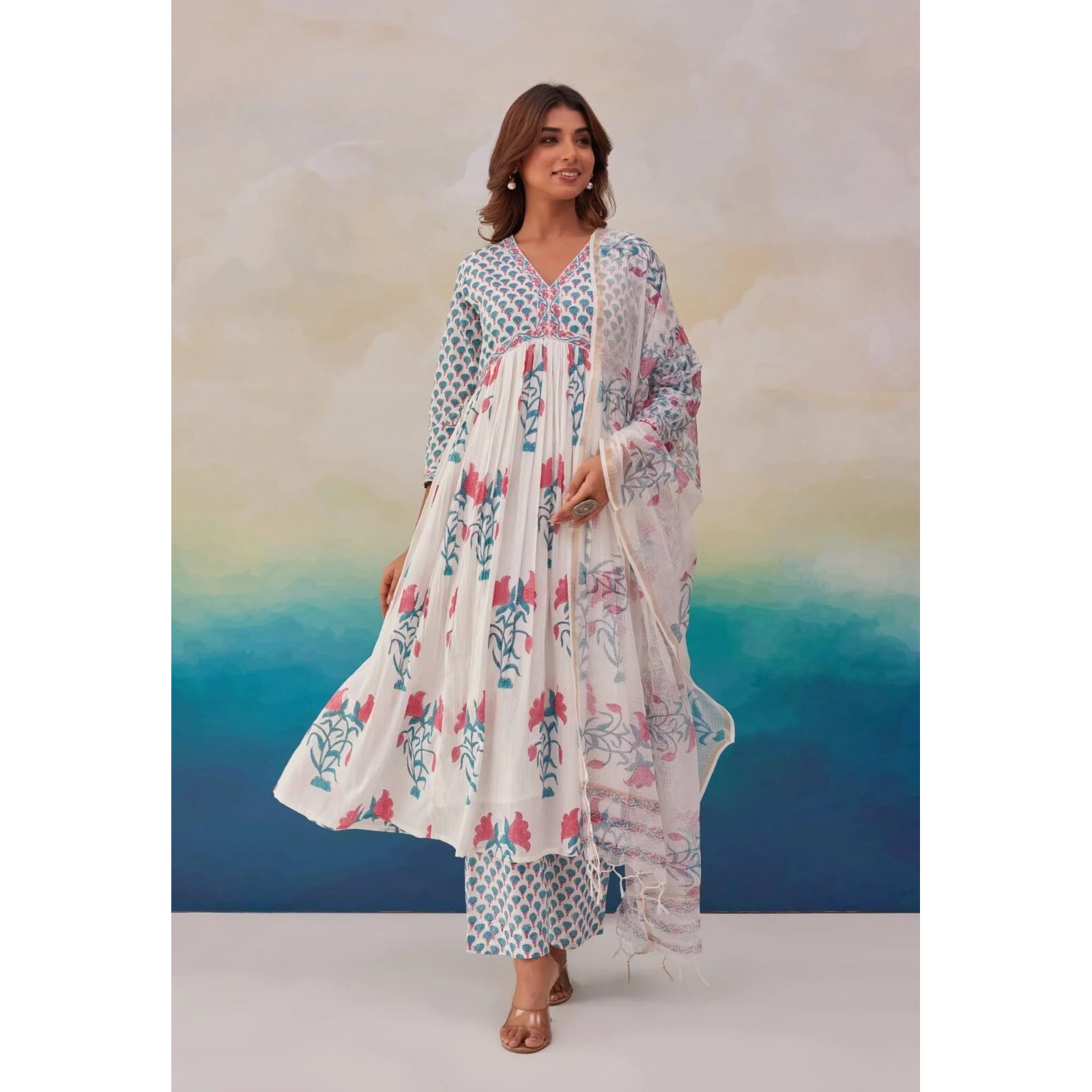 ANNI DESIGNER Women's Rayon Blend Printed Anarkali Kurta with Pant & Dupatta (Betul Pink_L_Pink_Large)