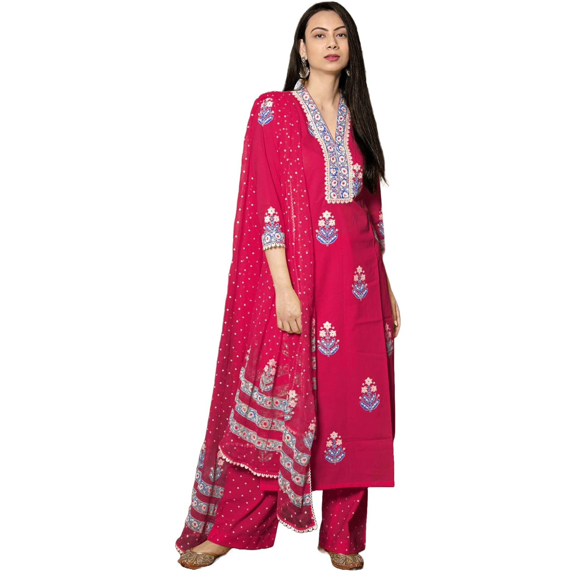 ANNI DESIGNER Women's Rayon Viscose Floral Straight Kurta with Pant & Dupatta (Belagavi Mustard_Pink_Medium)