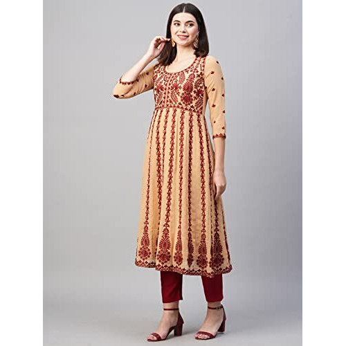 ANNI DESIGNER Women's Georgette Chikankari Embroidered Anarkali Kurti (NAAV-Beige-SM_S_Beige_Small)