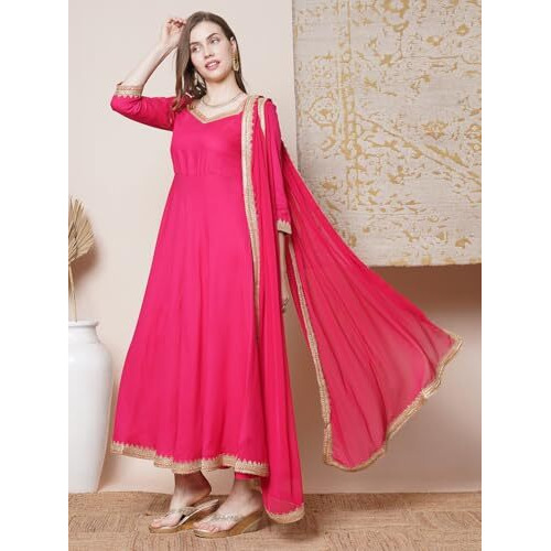 ANNI DESIGNER Women's Rayon Blend Anarkali Solid Kurta with Pant & Dupatta (Shyam Pink_XL_Pink_X-Large)