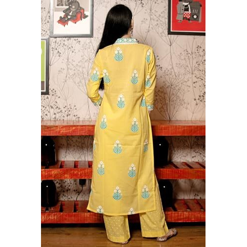 ANNI DESIGNER Women's Cotton Blend Straight Hand Block Printed Kurta with Pant & Dupatta (Belagavi Mustard_3XL_Mustard_XXX-Large)
