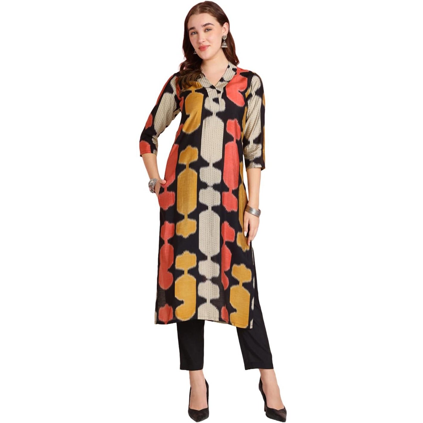 ANNI DESIGNER Women's Rayon Blend Straight Printed Kurta with Pant (SURDAS Black_L_Black_Large)