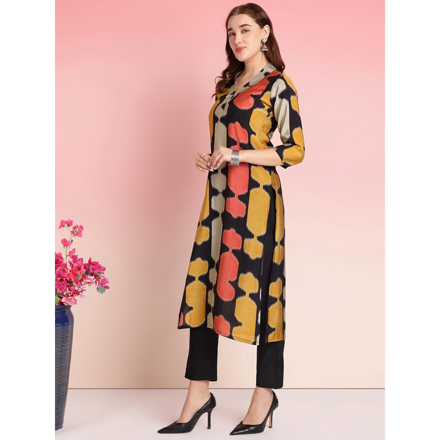 ANNI DESIGNER Women's Rayon Blend Straight Printed Kurta with Pant (SURDAS Black_L_Black_Large)