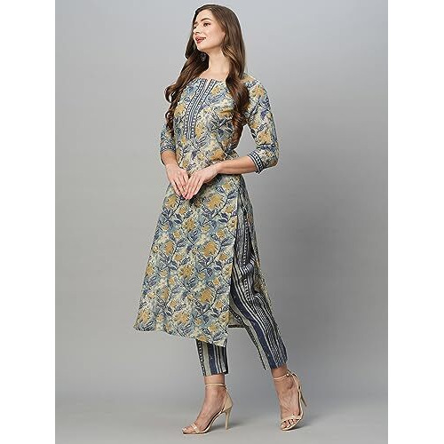 ANNI DESIGNER Women's Cotton Blend Straight Printed Kurta with Pant Set (Prachi Blue_S_Blue_Small)