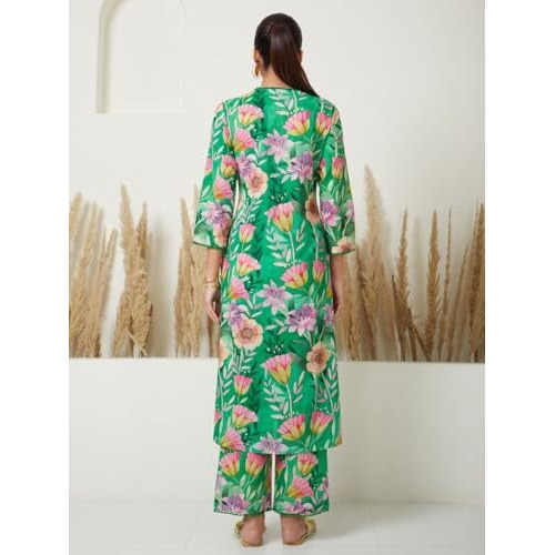 ANNI DESIGNER Women's Cotton Blend Straight Printed Kurta with Palazzo (Kanya Green_M_Green_Medium)