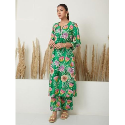 ANNI DESIGNER Women's Cotton Blend Straight Printed Kurta with Palazzo (Kanya Green_M_Green_Medium)