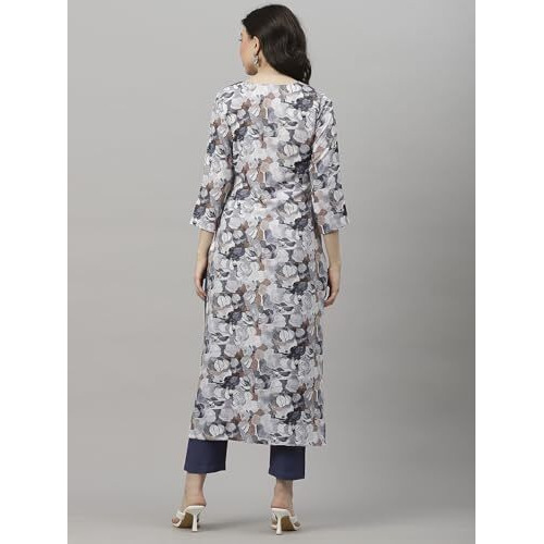 ANNI DESIGNER Women's Cotton Blend Straight Fit Printed Kurta with Pant (SouthZ Grey-NW_S_Blue_Small)