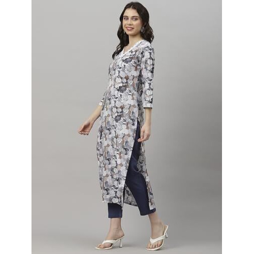 ANNI DESIGNER Women's Cotton Blend Straight Fit Printed Kurta with Pant (SouthZ Grey-NW_S_Blue_Small)
