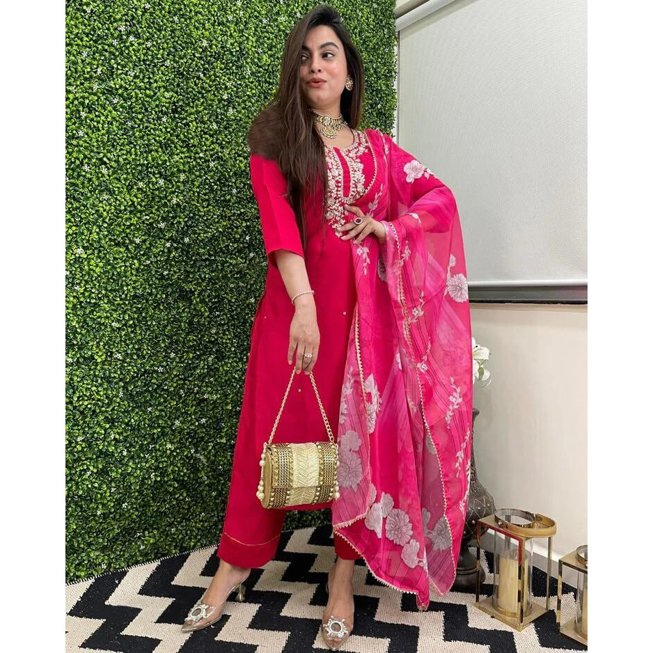 ANNI DESIGNER Women's Rayon Blend Straight Embroidered Kurta with Pant & Dupatta (Hafti Pink_M_Pink_Medium)