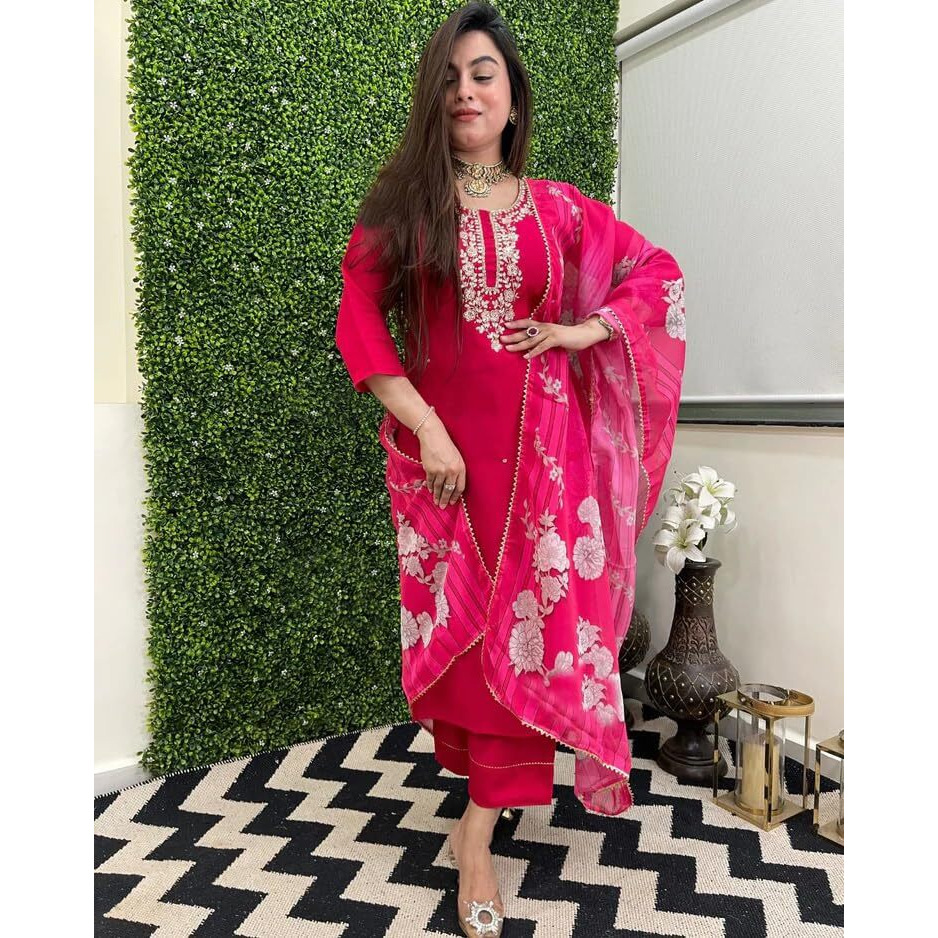 ANNI DESIGNER Women's Rayon Blend Straight Embroidered Kurta with Pant & Dupatta (Hafti Pink_M_Pink_Medium)