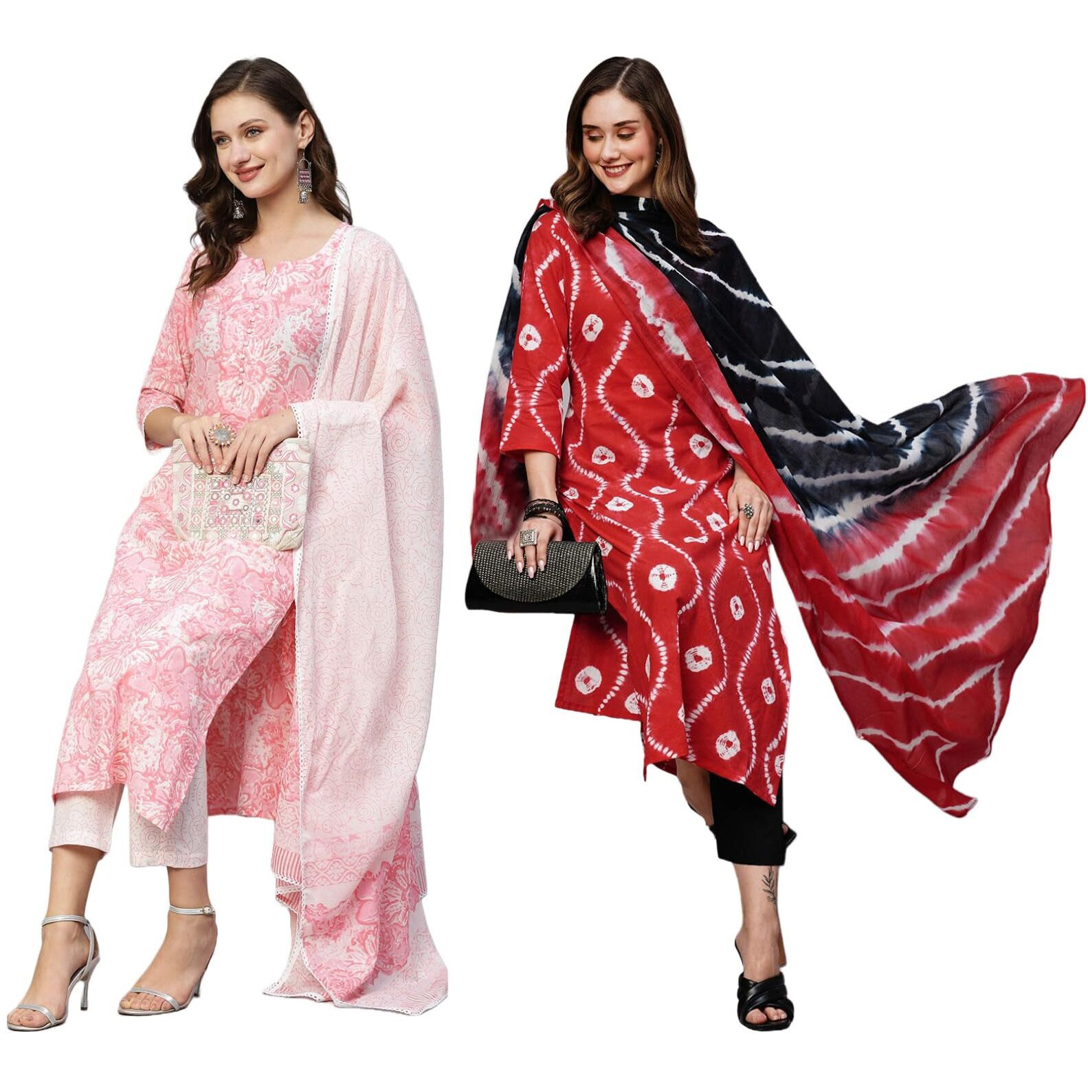 ANNI DESIGNER Women's Cotton Blend Printed Straight Kurta with Pant & Dupatta Pack of 2 (Combo-Prem Pink-Mayavi Red_XXL_Multi_XX-Large)
