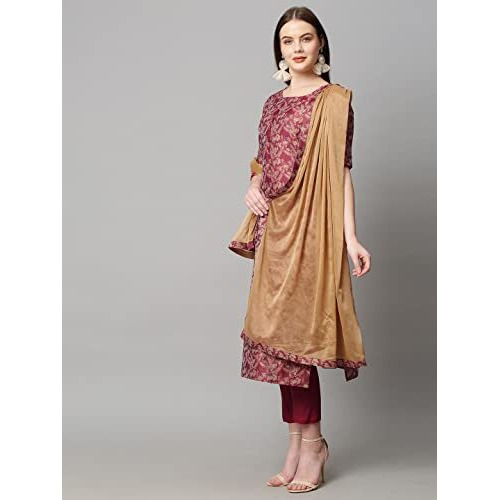 ANNI DESIGNER Women's Banarasi Silk Straight Printed Kurta with Pant & Dupatta (Banarasi RED-SM_XXL_Red_XX-Large)