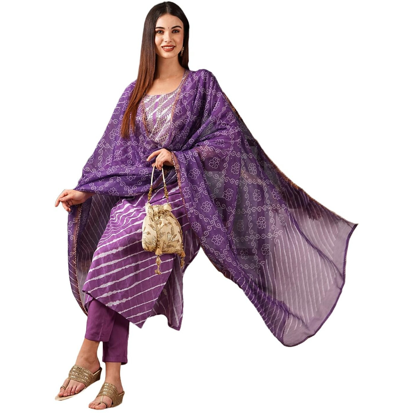 ANNI DESIGNER Women's Cotton Blend Straight Printed Kurta with Pant & Dupatta (Doremi Purple-NW_S_Purple_Small)