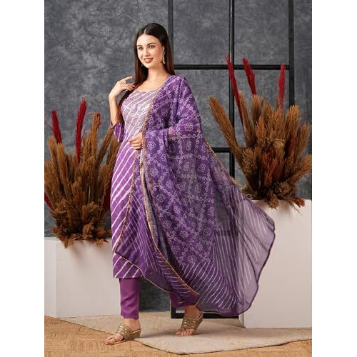 ANNI DESIGNER Women's Cotton Blend Straight Printed Kurta with Pant & Dupatta (Doremi Purple-NW_S_Purple_Small)