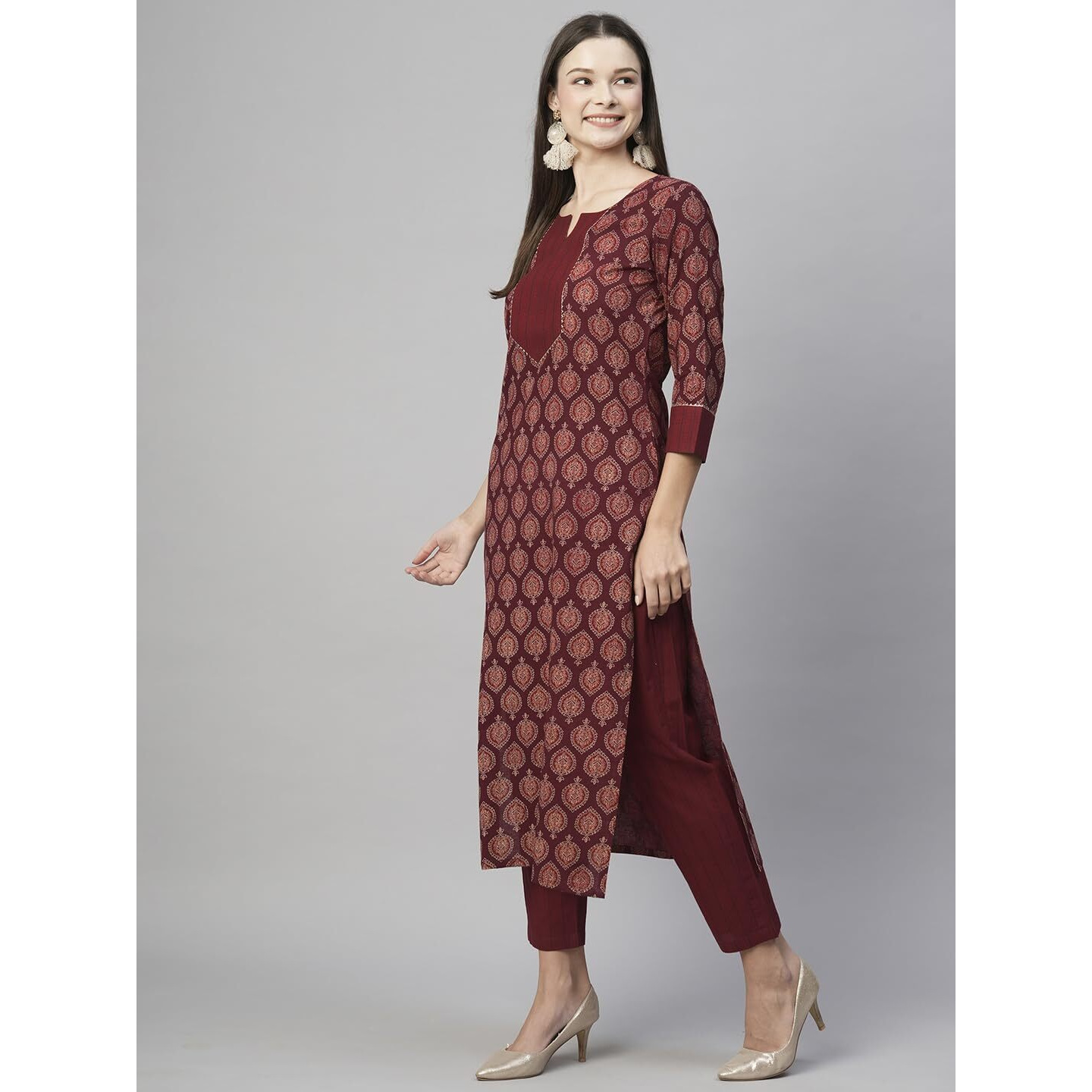ANNI DESIGNER Women's Cotton Blend Staright Printed Kurta with Pant (Garima Maroon_S_Maroon_Small)